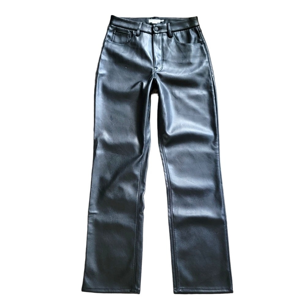 Good American Black Faux Leather Good Icon High Rise Straight Leg Pants Sz 10/30